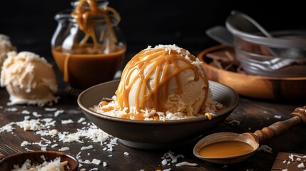 Decadent Salted Caramel Ice Cream Scoop with a Drizzle of Rich Caramel Sauce, a Luxurious Indulgence