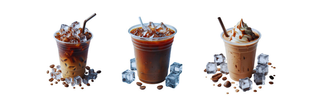 Set of Three Cold coffee with ice on plastic cup, isolated over on transparent background.