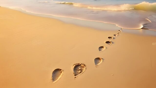 Two sets of footprints walking towards the ocean, leaving behind a trail of love and happiness in the sand.