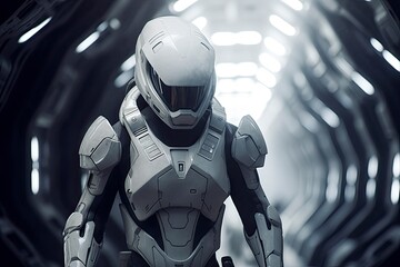 Armored Human Racing Through Space. Cinematic Atmosphere in Dark White and Light Silver.