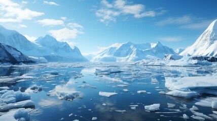 Fototapeta na wymiar Winter Landscape: Frozen Glacier and Snowy Mountains with Blue Sky
