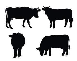 Cow silhouette. Cow vector illustration. Black cow and domestic milk cows. Farm animals isolated vector icons set.
