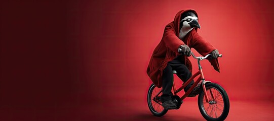 Fototapeta na wymiar An anthropomorphic penguin in a red cloak rides a bicycle on a red background