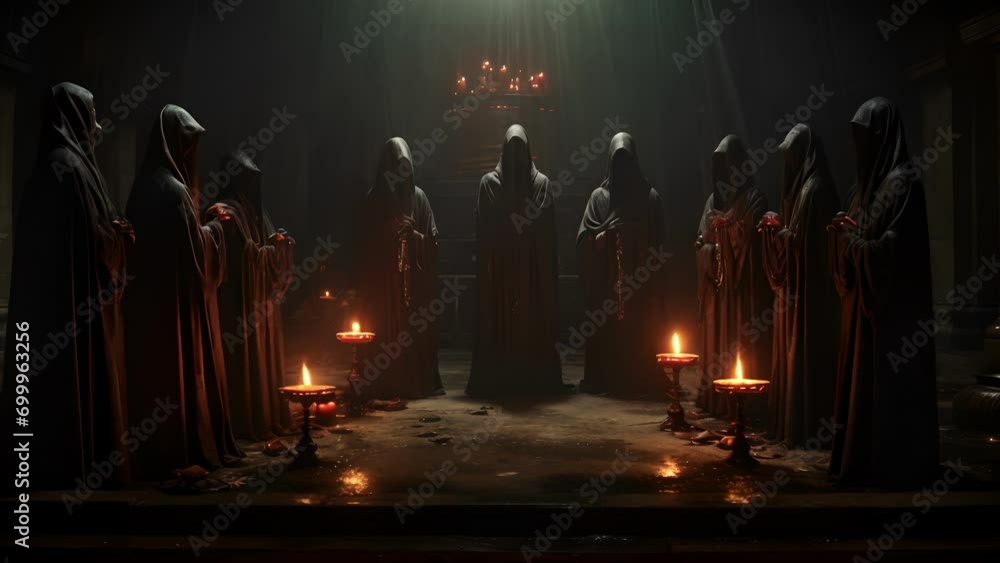 Poster a group of robed figures in a dark room illuminated by nothing but a single candle chanting in an an