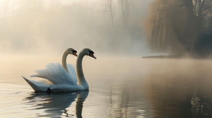 Graceful Swans on a Misty Lake at Dawn - Gliding Gracefully on a Misty Lake in the Early Morning Light casting a Soft Glow on Water - Beautiful Swan Background created with Generative AI Technology