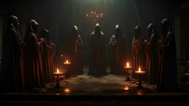 A group of robed figures in a dark room illuminated by nothing but a single candle chanting in an ancient and forgotten language.