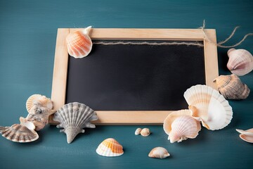 concept travel ad vacation background summertime holiday around seashells chalkboard Empty