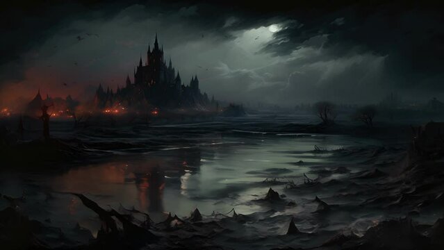 An ominous castle looms over a fogladen marsh distant bells ringing in the night.