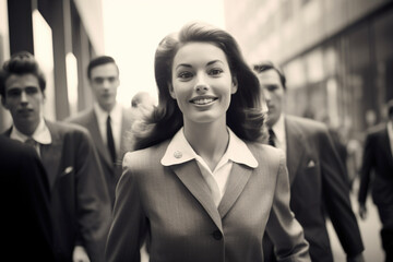 Retro style person from 1960s walking to work with beautiful old-fashioned clothes.