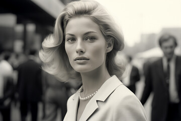 Retro style person from 1960s walking to work with beautiful old-fashioned clothes.