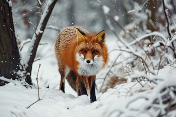 Red Fox in a Snowy Forest standing alert -  Its bright Fur contrasting with the White Snow and bare Trees - Beautiful Cute Fox Snow WInter Wildlife Background created with Generative AI Technology