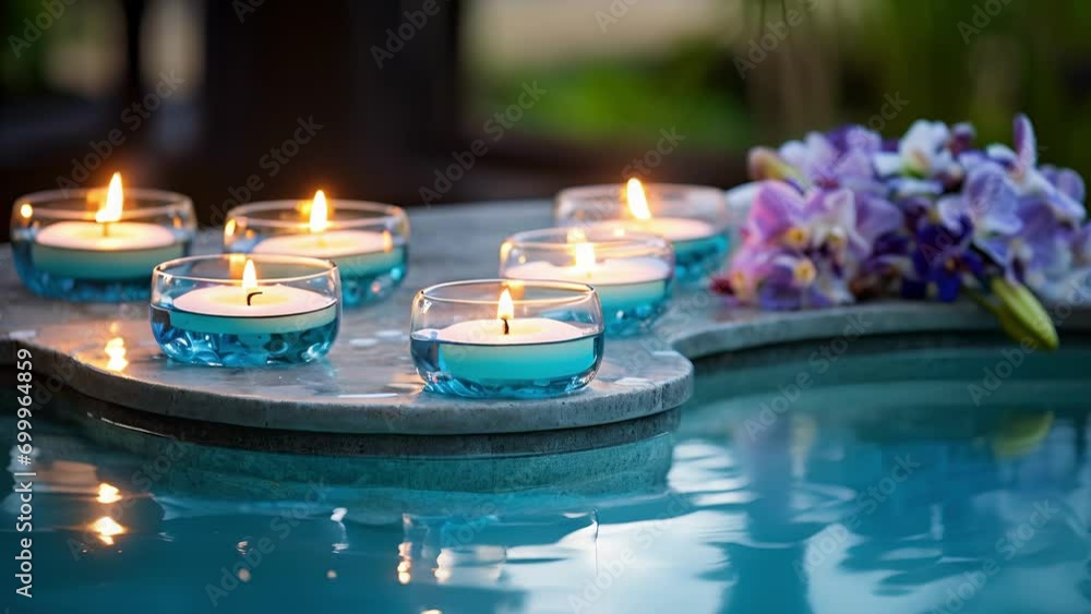 Poster a trio of vibrant, bluehued floating candles evoke a sense of calmness and tranquility as they float