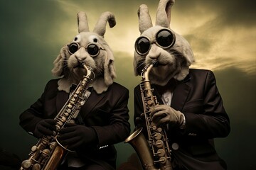 Anthropomorphic rabbits playing saxophones, resonating with jazz vibes