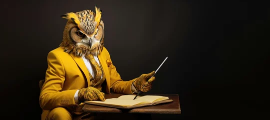 Zelfklevend Fotobehang An owl in a yellow suit appears to write, a symbol of wisdom © AdriFerrer
