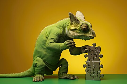 Chameleon assembling puzzle pieces, symbolizing problem-solving