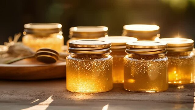 Miniature mason jars filled with golden honey create a sweet contrast against the coarse grains of a wooden beach table.