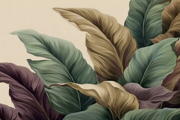 Vintage tropical green brown leaves, beige background, golden texture. Luxury mural, premium wallpaper. 3d painting illustration, watercolor design. Seamless border. generative ai.