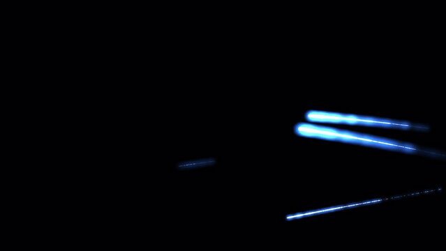 Glowing subatomic particles flying and zooming through space as bozons, quarks, electrons, muons do, 4k 24p with alpha channel for transparency