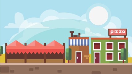 Flat animated vector background of natural views, schools, houses, and mountains