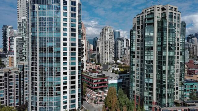 Drone shot of buildings in Yaletown downtown Vancouver.