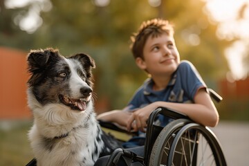 Disabled boy in a wheelchair with a dog friend nearby in summer