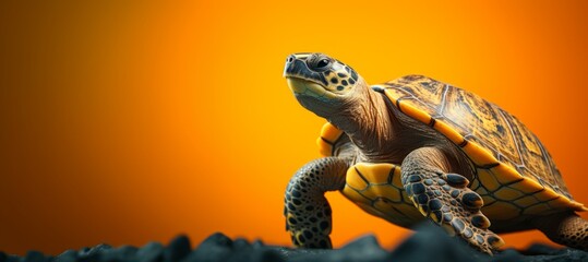 Ultra-realistic 3D illustration featuring a close-up of a giant tortoise on a rocky surface.