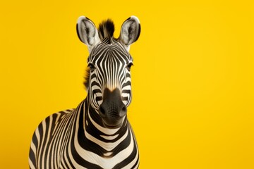 Captivating shot of a zebra against a yellow wall, highlighting the distinctive zebra stripes. - obrazy, fototapety, plakaty