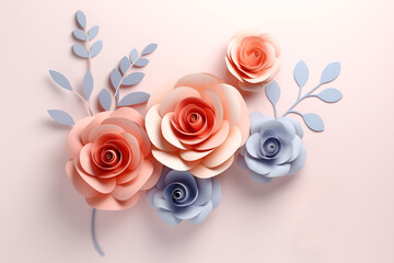 Paper art floral composition with pastel pink and purple roses on a soft background