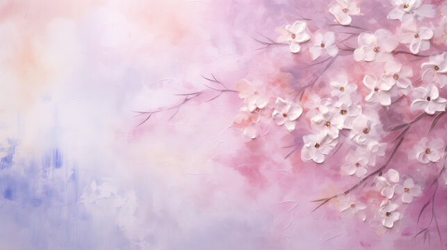 Textured pastel floral background with soft pink and lavender flowers in an artistic composition