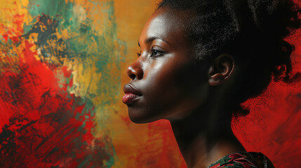 Profile of an African-American woman with a vibrant red, yellow, green, and black background symbolizing freedom and racial equality. - obrazy, fototapety, plakaty