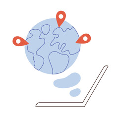 Globe with location icons, planning travel, vector doodle illustration of laptop with world map, establishing shots, website for travelers, mobile app with gps, organizing vacation