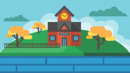 Flat animated vector background of natural views, schools, houses, and mountains