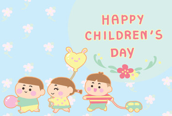 Three kids play and happy ,illustration for Children's day cartoon style.