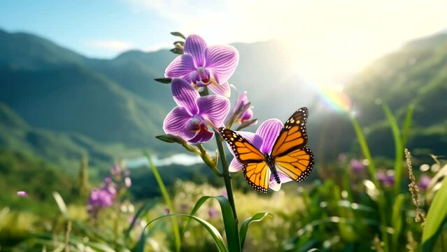 orchid flower with butterfly on field beautiful scenery relaxation video background animation looping for live wallpaper	

