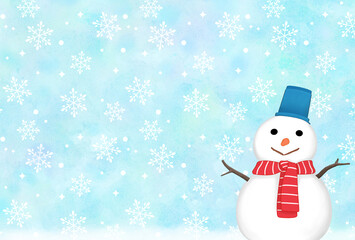 雪だるまの背景素材　雪景色　冬景色　おしゃれ　キラキラ柄　寒中お見舞い　ハガキテンプレート