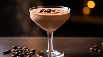 A glass of chocolate cocktail on the table on a dark background. A delicious drink. A cozy winter drink with chocolate and coffee.
