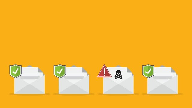 Email / envelope with black document and skull icon. Virus, malware, email fraud, e-mail spam, phishing scam, hacker attack concept. 