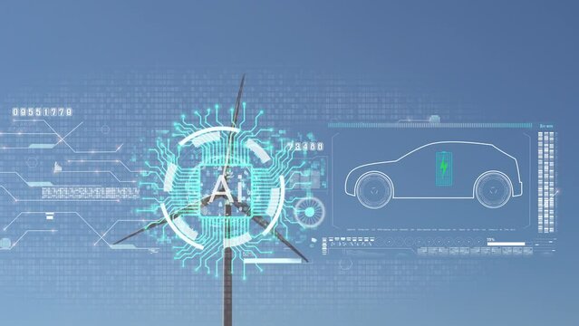 a wind turbine and electric vehicle car in the hologram on a wind turbine with environment ecology sign hologram sustainable clean energy.