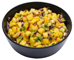 Freshly made mango salsa in a black ceramic bowl