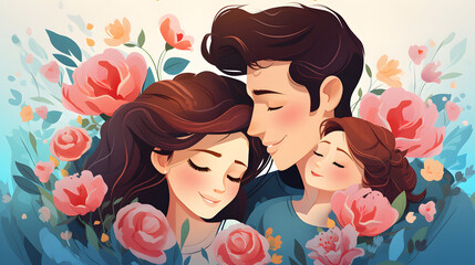 family with flowers illustration. Generative AI