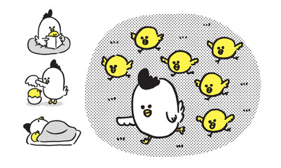 丸っこくてかわいい線太めのにわとりの親子 © Tossan