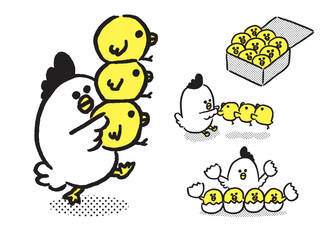 丸っこくてかわいい線太めのにわとりの親子 © Tossan