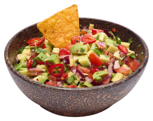 traditional salsa dip snack in wooden bowl and corn nacho chips isolated