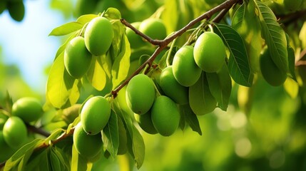 Lush green mangoes dangle from the branch of a tree. - obrazy, fototapety, plakaty