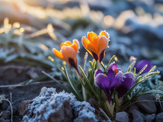 Spring flowers Covered in frost wallpaper winter background photography of nature