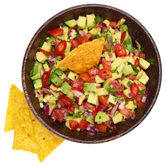 traditional salsa dip snack in wooden bowl and corn nacho chips isolated