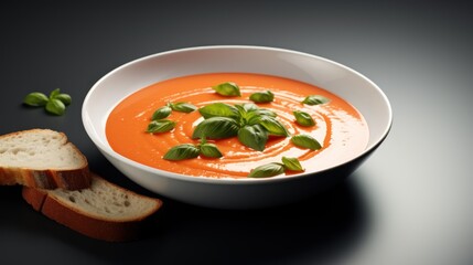 Creamy tomato soup with basil, elegantly simple in presentation.