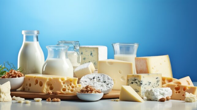 Assorted dairy products arrayed neatly on  light surface against  blue backdrop.