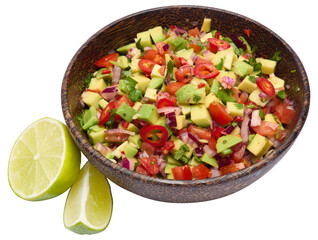 traditional salsa dip snack in wooden bowl isolated