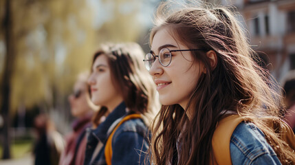 Close-Up Shot of Female Students Walking Through the University Campus on a Sunny Day, Radiating Warmth and Enthusiasm for Learning in the Illuminated Ambiance - obrazy, fototapety, plakaty